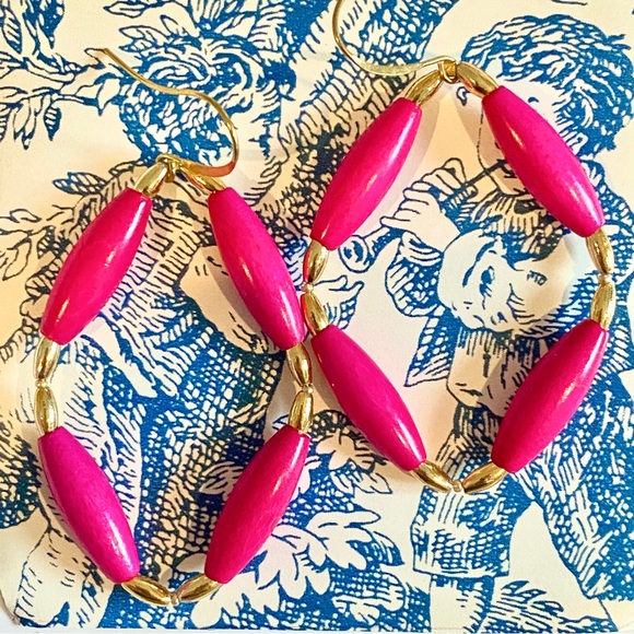 Pink Wooden Beaded Earrings - Picture 2 of 5